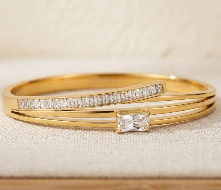 Layered Baguette Crystal Cuff Bracelet - Anti Tarnish Fashion Jewelry