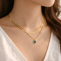 Emerald Cut Green Stone Layered Necklace | Anti-Tarnish Gold Plated