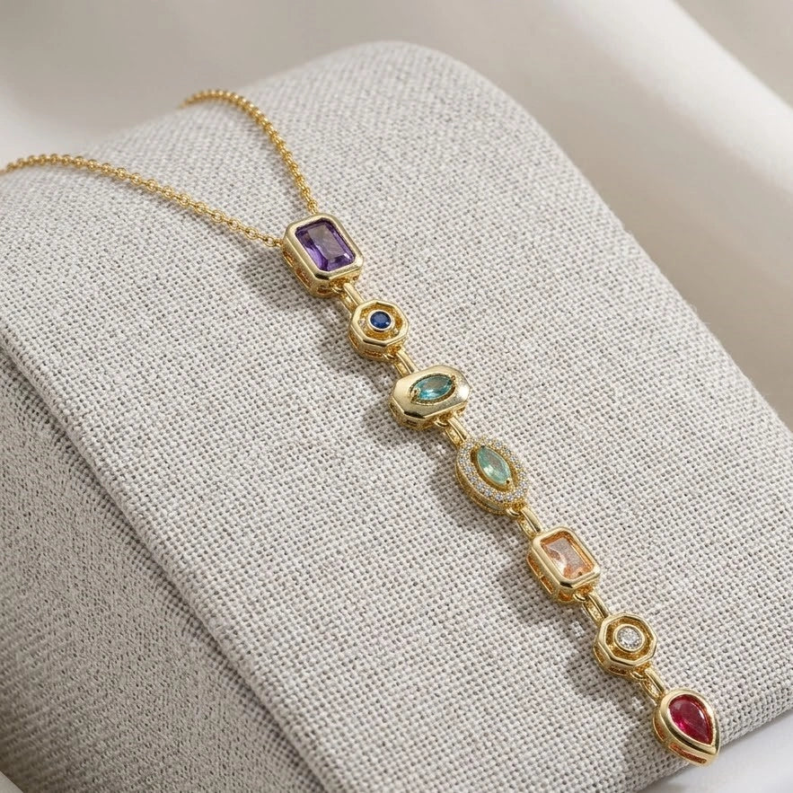 Multi-Stone Linear Drop Necklace | Anti-Tarnish Gold Plated | Moncheri Jewels