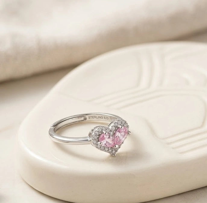 Pink Heart Halo Fashion Ring - High-Quality Silver Tone