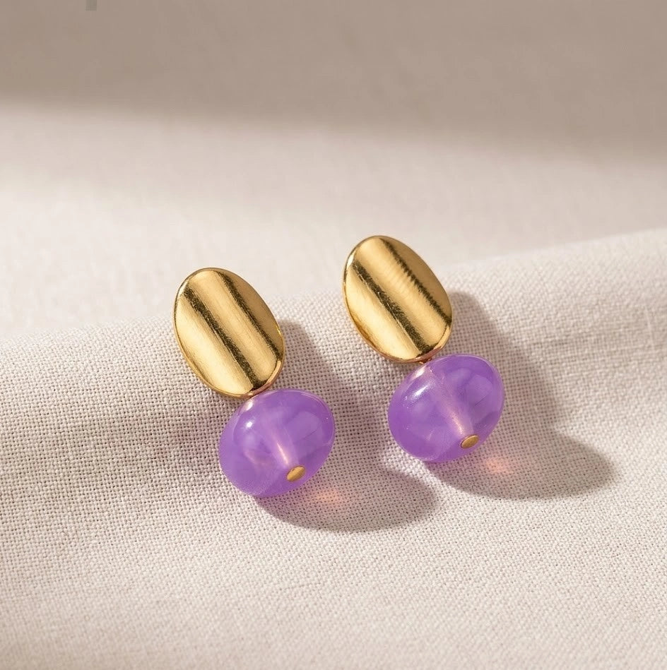 Abstract Gold & Purple Drop Earrings - Korean Style Fashion Jewelry