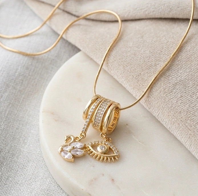 Swan & Evil Eye Multi-Charm Necklace | Anti-Tarnish Gold Plated
