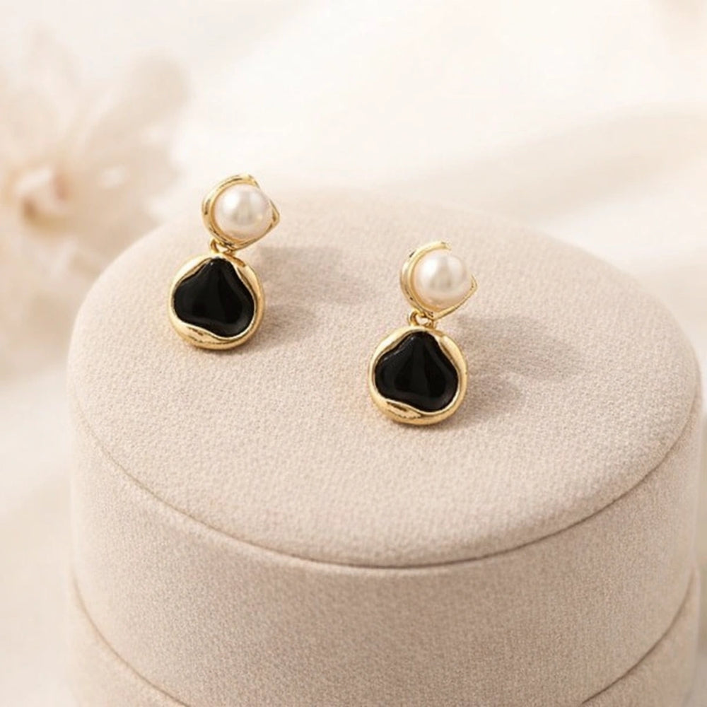 Black & Gold Pearl Drop Earrings | Elegant Statement Fashion Jewelry