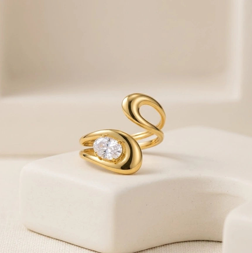 Abstract Sculptural Open Ring with Zirconia | Anti-Tarnish Fashion Jewelry