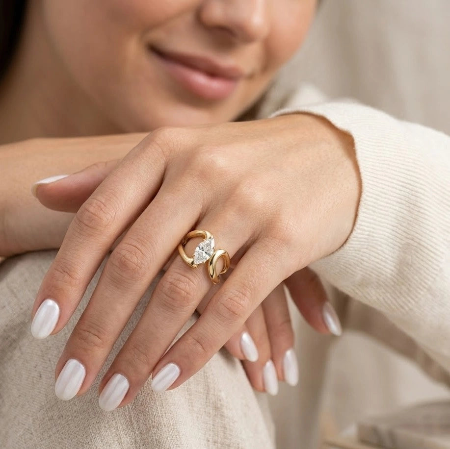 Modern Curve Crystal Statement Ring - Anti Tarnish Gold Plated