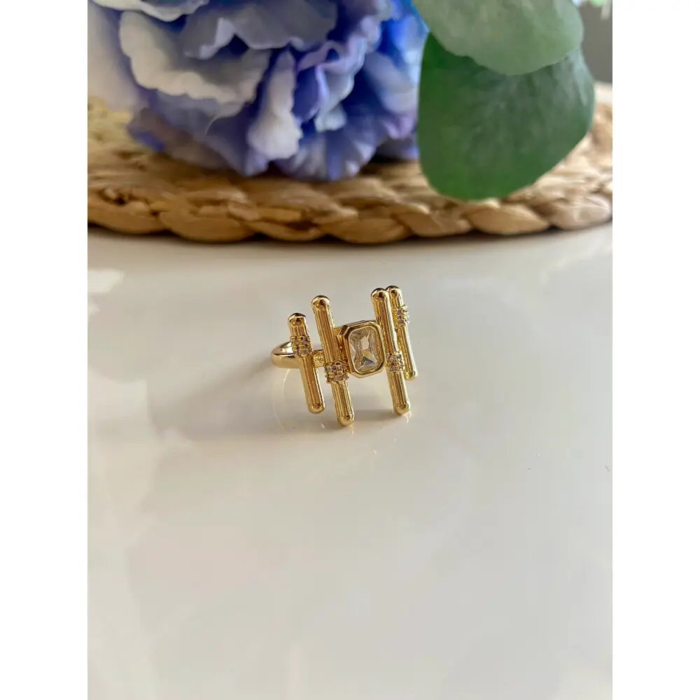 Geometric Bar  Fashion Ring with Emerald Cut Crystal - Adjustable Statement Ring