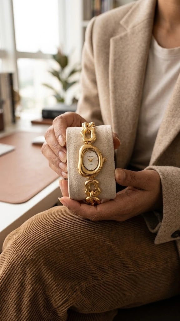 Anti-Tarnish Gold Plated Wavy Dial Watch - Minimalist Chain Design