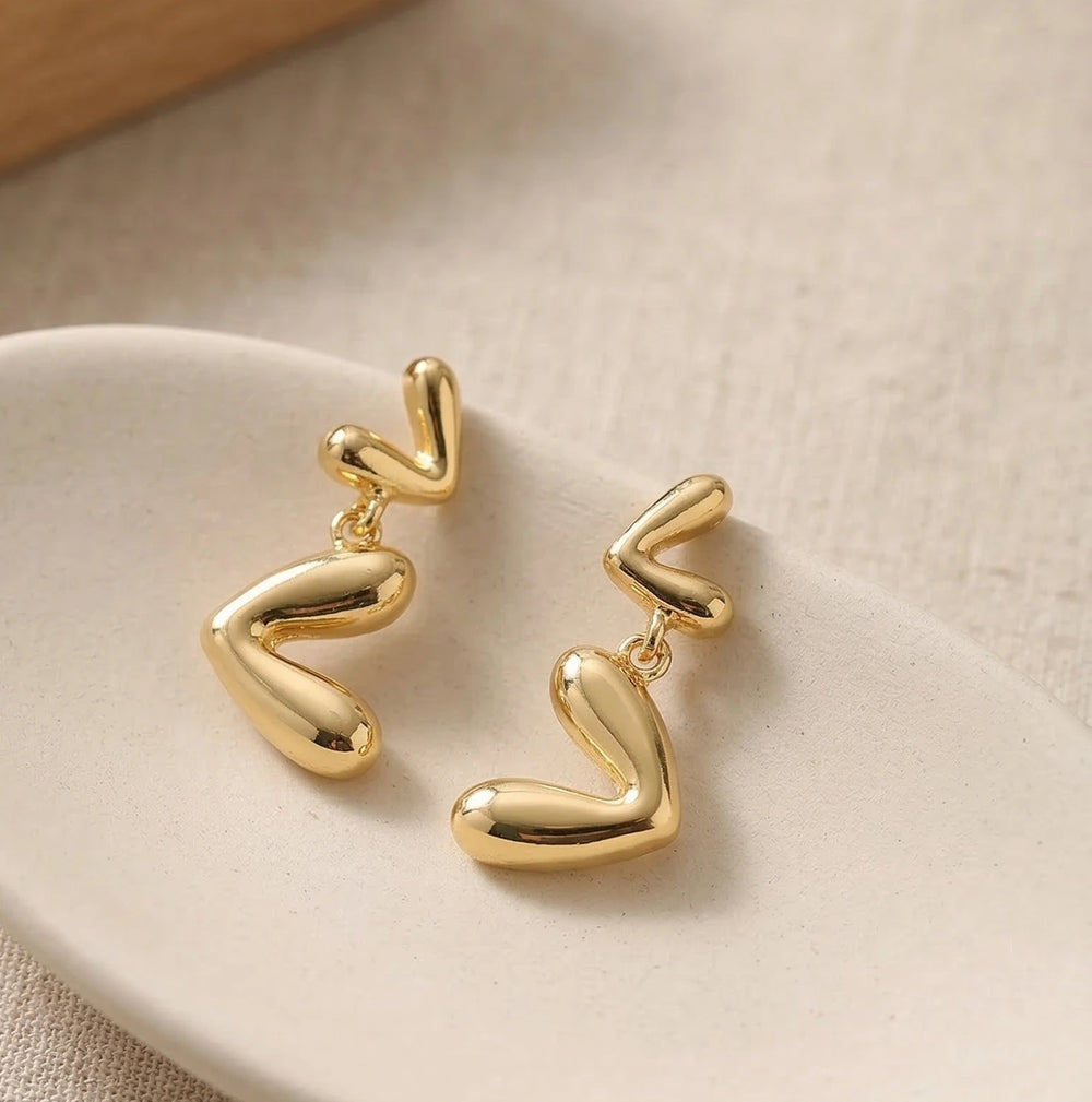 Abstract Heart Drop Gold Earrings | Modern Geometric Fashion Jewelry