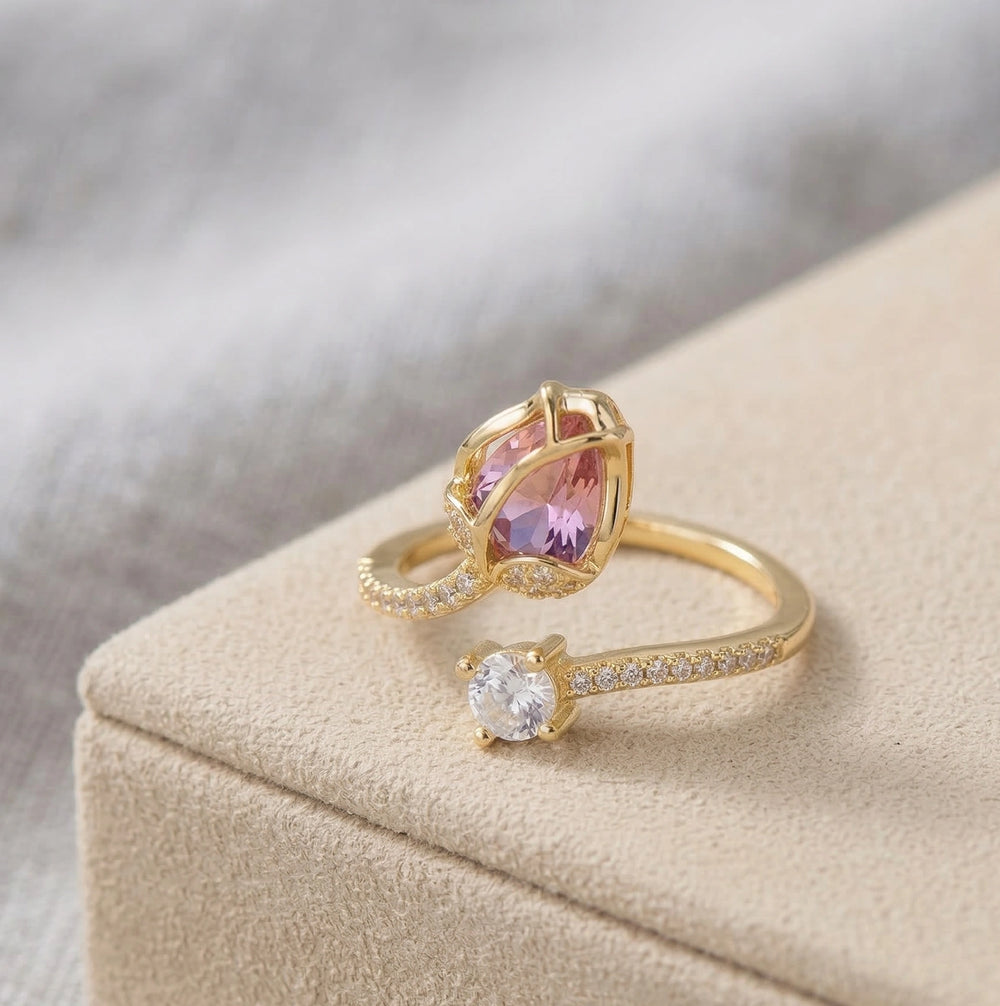 Pink Pear & Round Stone Gold Pave Open Fashion Ring