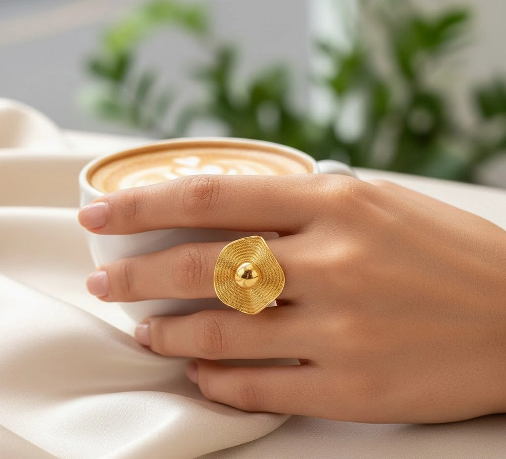 Sunburst Textured Gold Plated Statement Ring - Anti-Tarnish Abstract Wave Design for Women