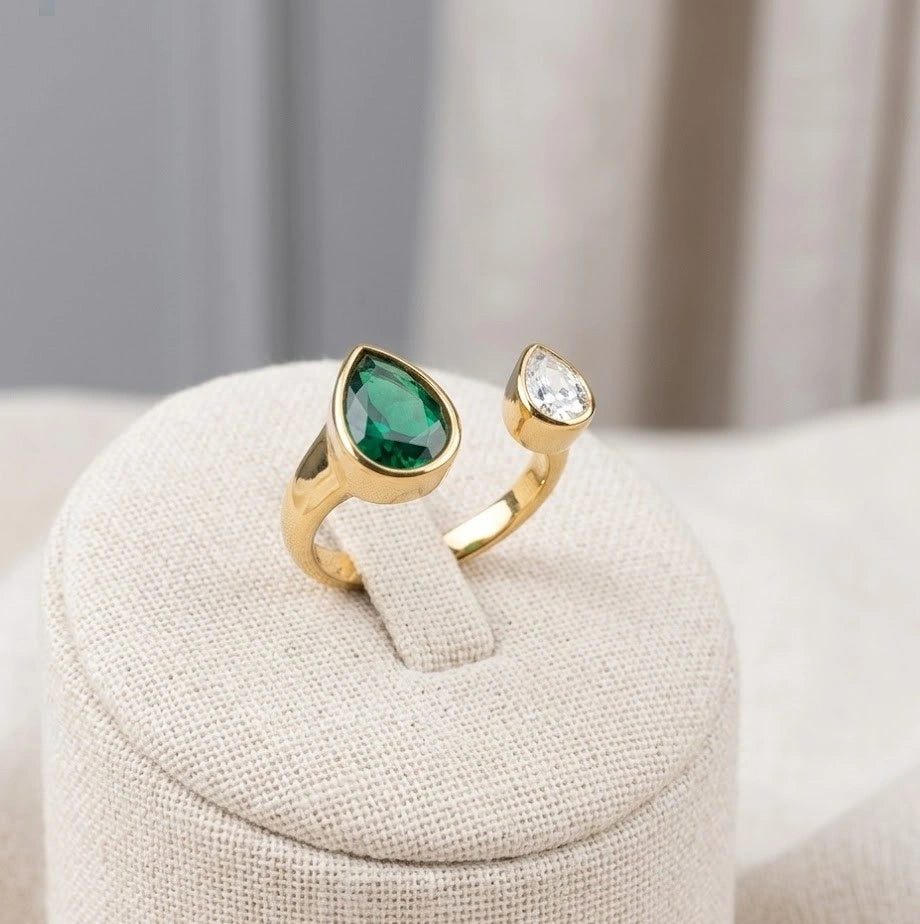 Emerald Pear & Diamond Drop Open Ring - Elegant Two-Stone Fashion Ring
