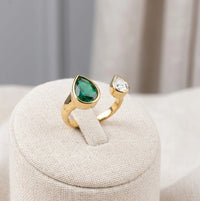 Emerald Pear & Diamond Drop Open Ring - Elegant Two-Stone Fashion Ring