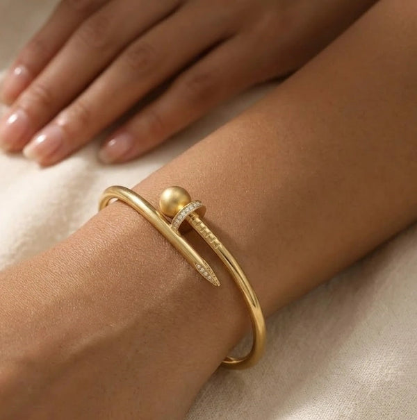 Modern gold plated cuff bangle for women side profile