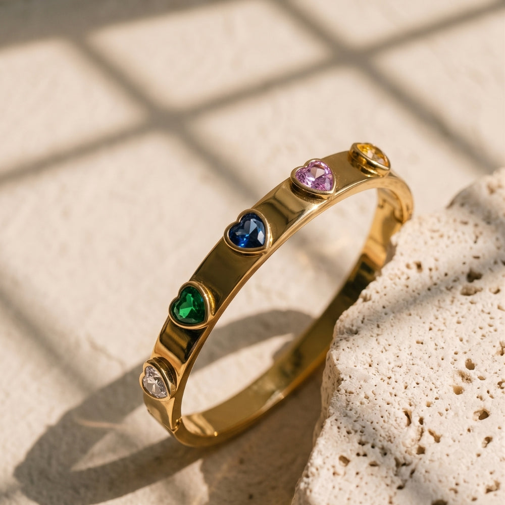 Rainbow Heart Anti-Tarnish Gold Plated Bangle - Minimalist Korean Style Bracelet