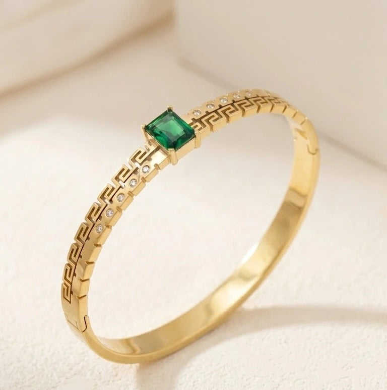 Emerald Green Stone Greek Key Bangle - Anti-Tarnish Gold-Plated Bracelet