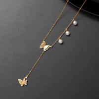 Butterfly & Pearl Lariat Necklace | Anti-Tarnish Gold Plated Y-Chain | Korean Style