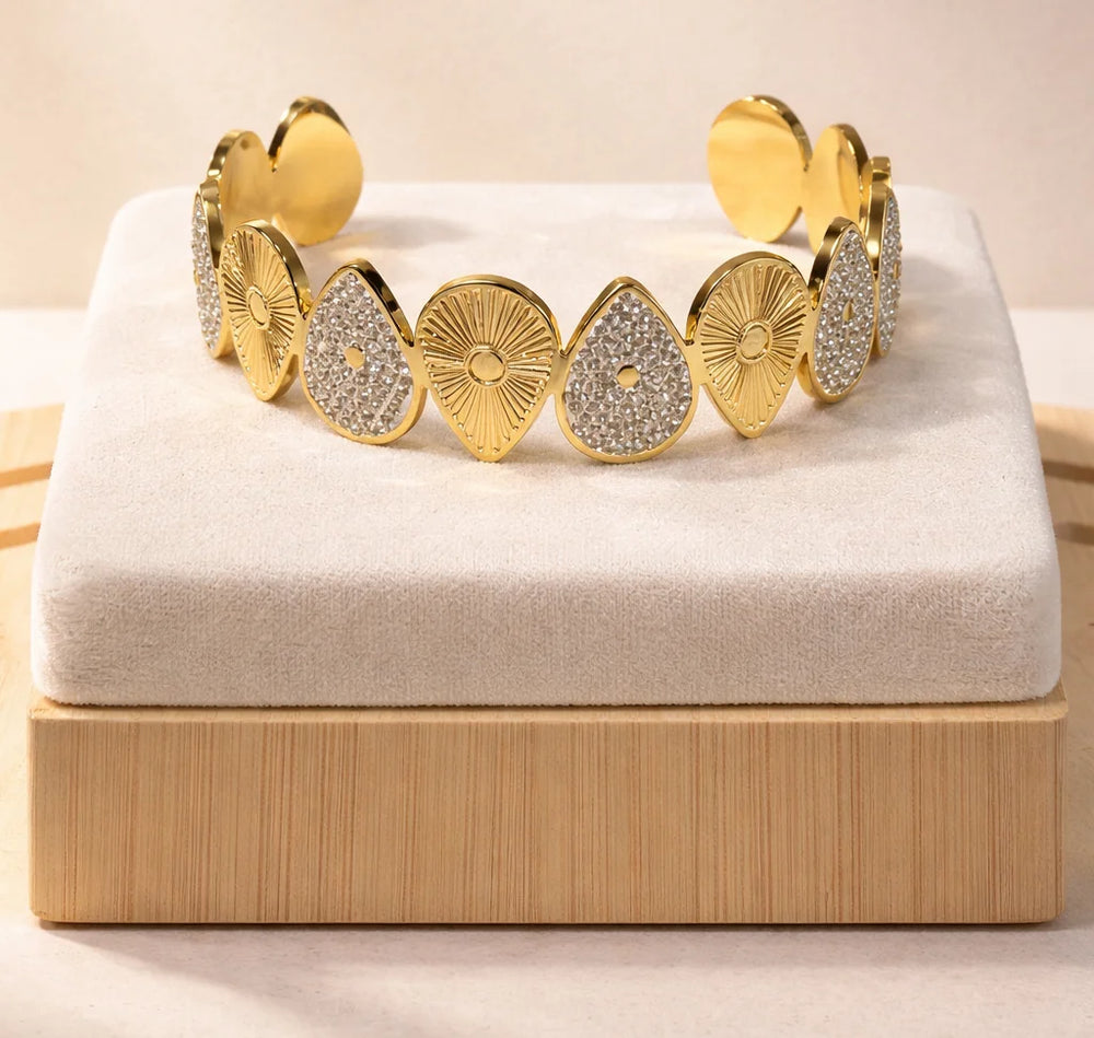 Sunburst Teardrop Crystal Cuff Bracelet | Anti-Tarnish 18K Gold Plated | Adjustable