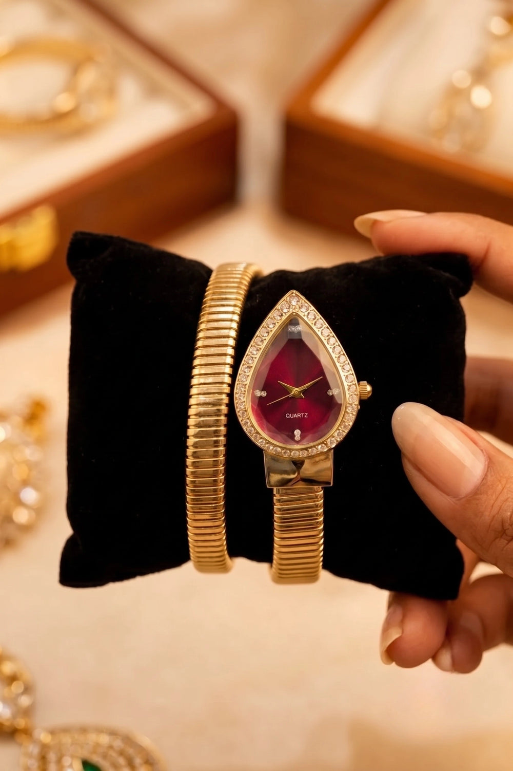 Moncheri Luxury Teardrop Anti-Tarnish Gold Plated Watch with Ruby Red Dial
