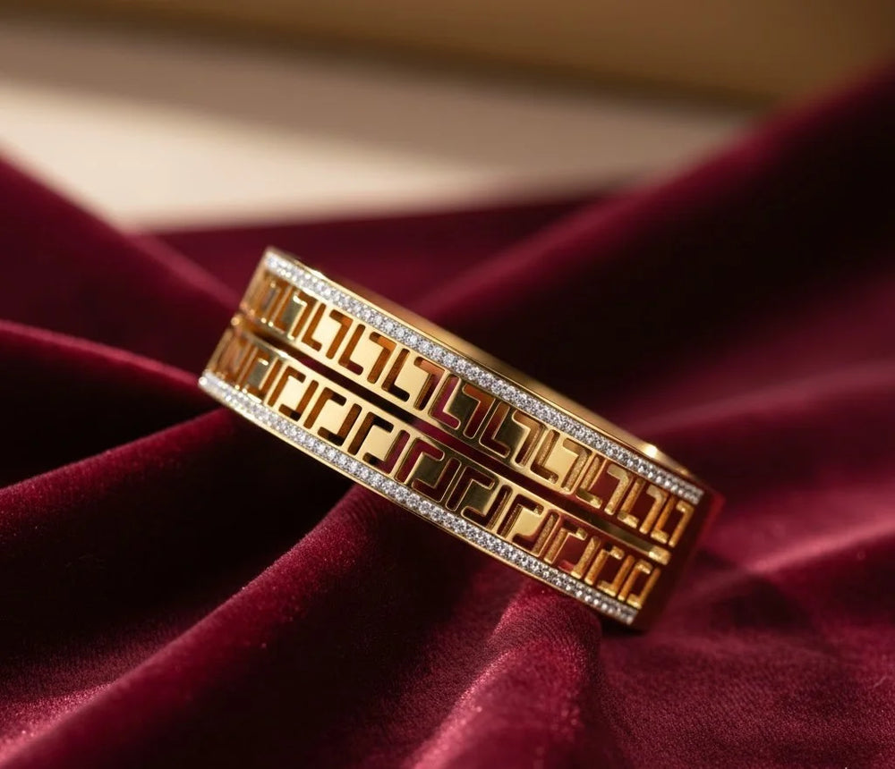 Greek Key Pattern Gold Plated Bangle - Anti-Tarnish Crystal Studded Geometric Cuff Bracelet