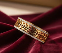 Greek Key Pattern Gold Plated Bangle - Anti-Tarnish Crystal Studded Geometric Cuff Bracelet