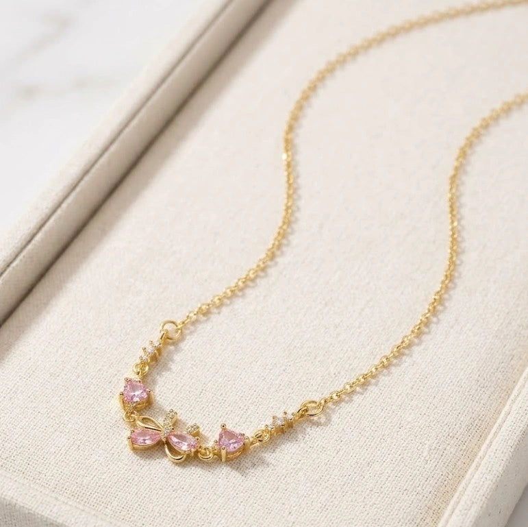 Anti-Tarnish Pink Bow Dainty Necklace - Gold Plated Korean Style