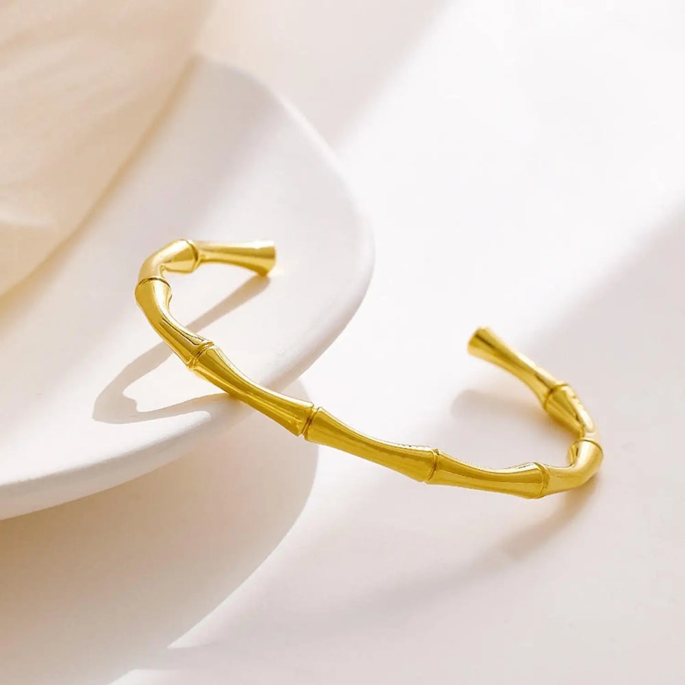 Bamboo Design Gold Plated Open Cuff Bracelet | Anti-Tarnish Korean Style Bangle