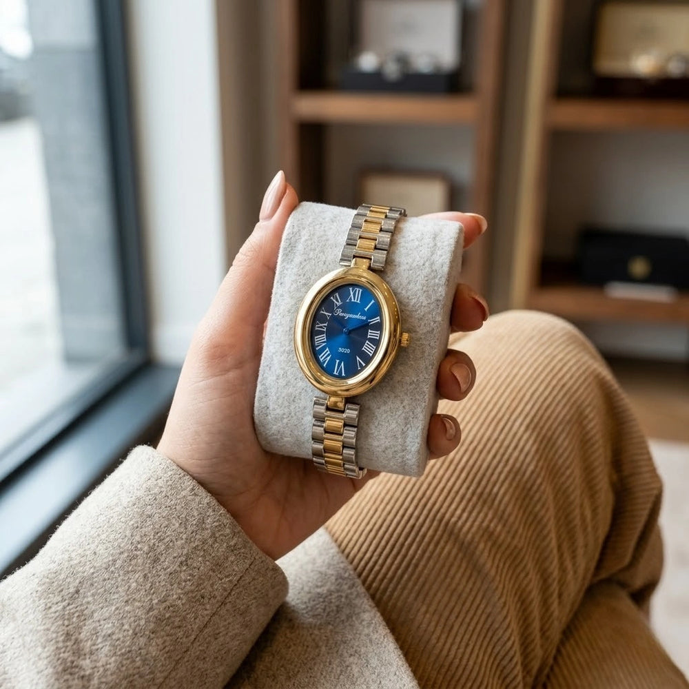 Vintage Blue Dial Oval Watch | Anti-Tarnish Two-Tone & Gold Plated