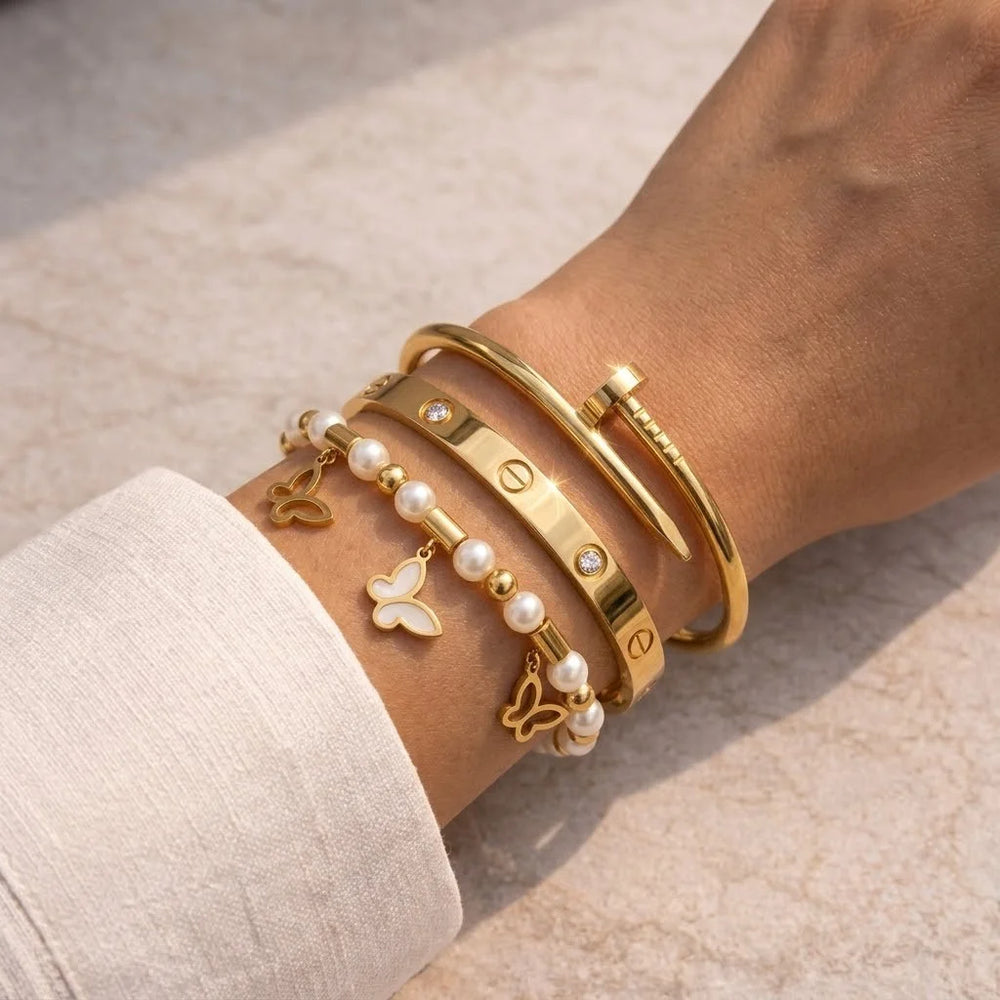 'Old Money' 3-Piece Anti-Tarnish Gold Bangle & Pearl Butterfly Stack