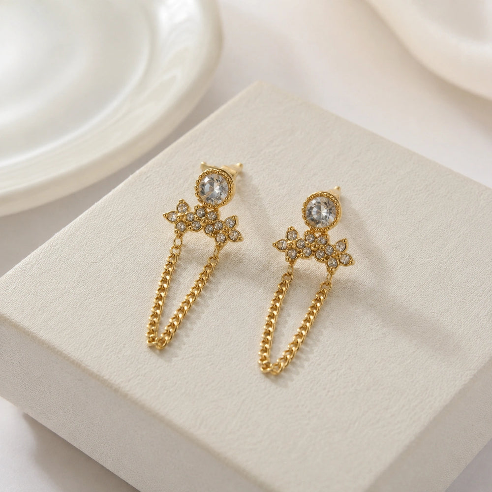 Crystal Chain Drop Earrings - Anti Tarnish Gold Plated