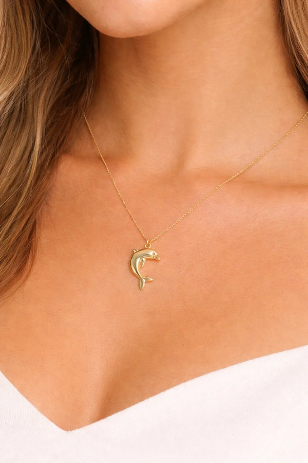 Gold plated dolphin pendant necklace by Moncheri, anti-tarnish stainless steel chain, dainty korean style fashion jewelry for women
