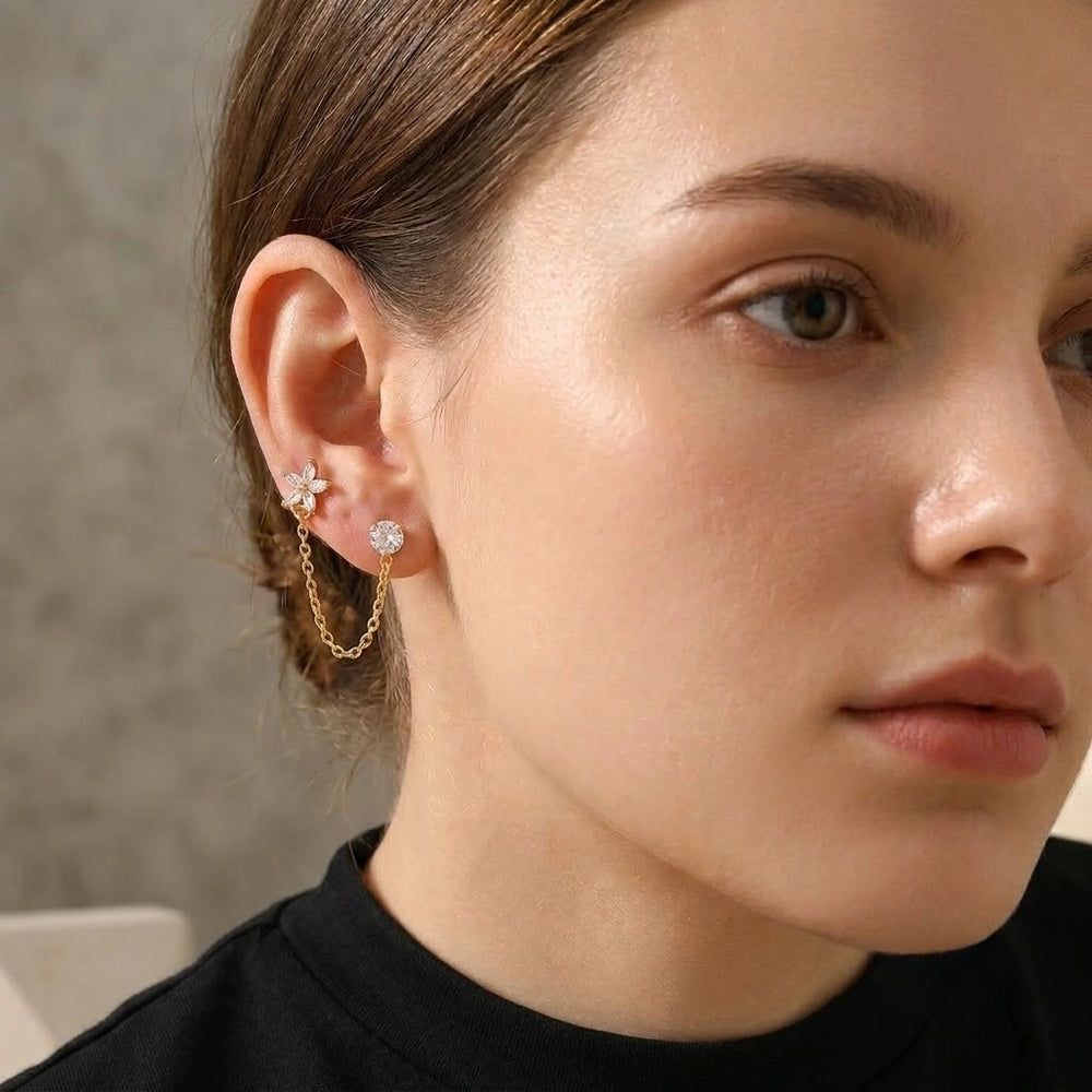 Floral Chain Double Stud Earrings | Anti-Tarnish Gold Plated