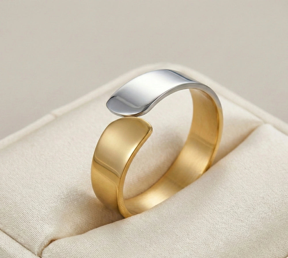 Dual Tone Abstract Wide Cuff Bracelet | Gold & Silver Plated Statement Bangle | Anti-Tarnish Korean Jewelry