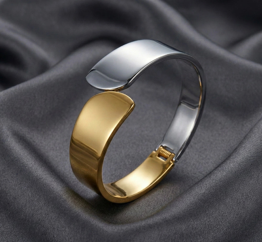 Dual Tone Abstract Wide Cuff Bracelet | Gold & Silver Plated Statement Bangle | Anti-Tarnish Korean Jewelry