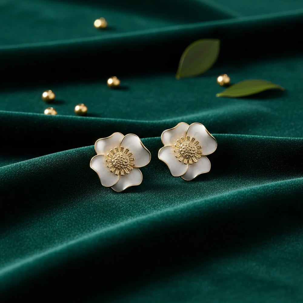 White Enamel Flower Stud Earrings | Korean Style Floral Statement | Fashion Jewelry for Women