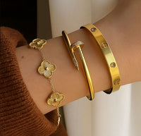 Moncheri Luxe Gold Stacking Trio – Anti-Tarnish Clover, Nail & Screw Bangle Combo