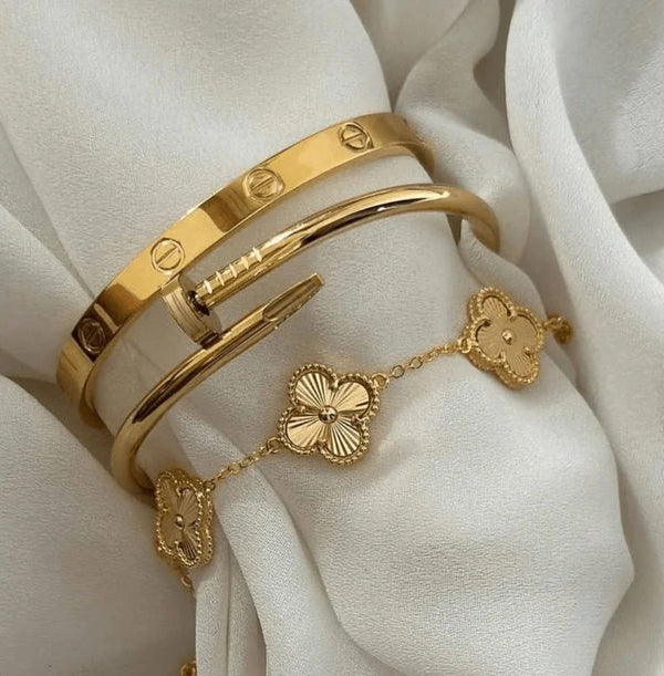 The Ultimate Golden Stack - 3 Pc Combo (Clover, Nail & Screw Bangle) | Anti-Tarnish & Waterproof