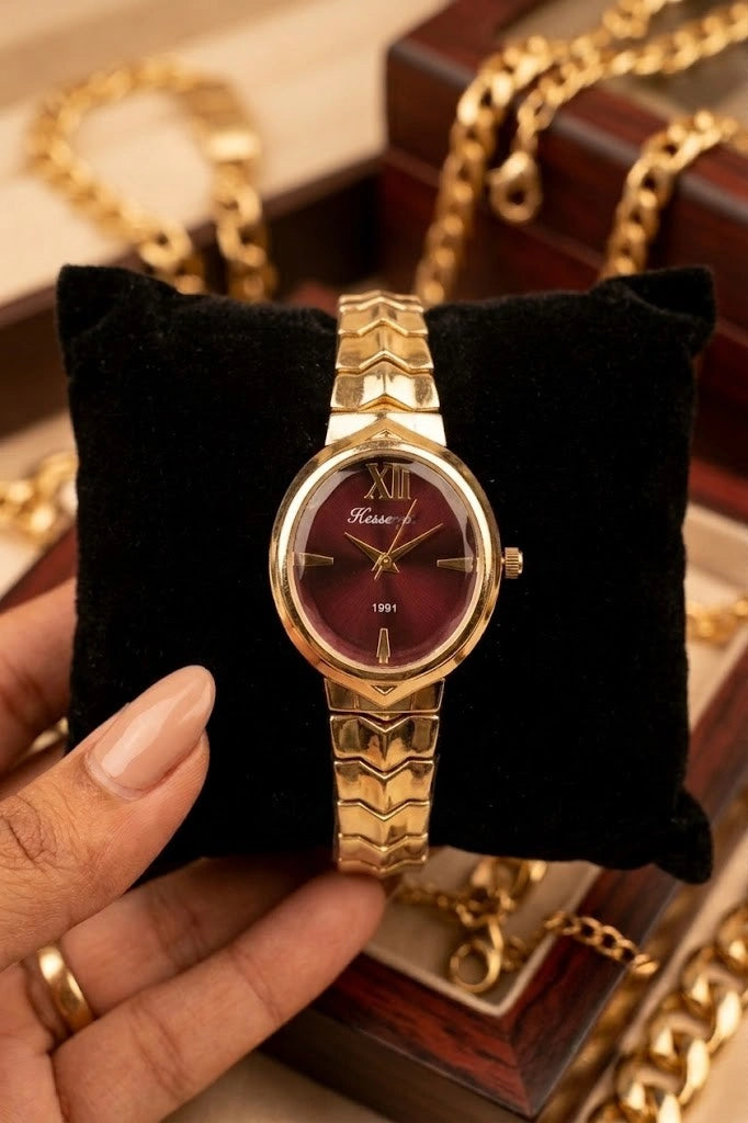 Classic Burgundy Dial Gold-Plated Anti-Tarnish Ladies Watch
