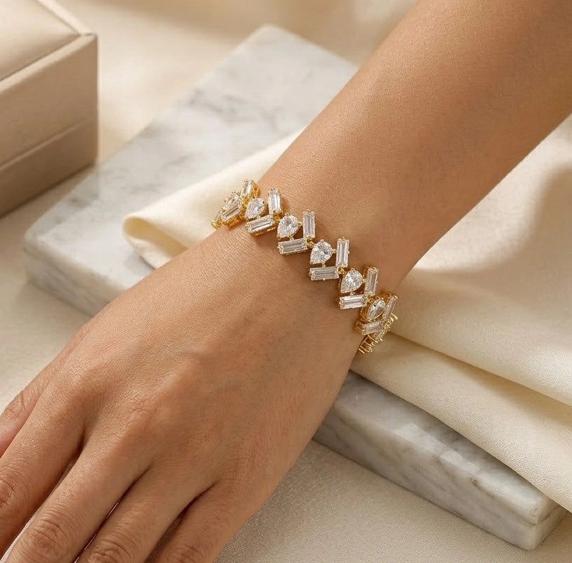 Anti-Tarnish Gold Plated Baguette Zirconia Statement Bracelet