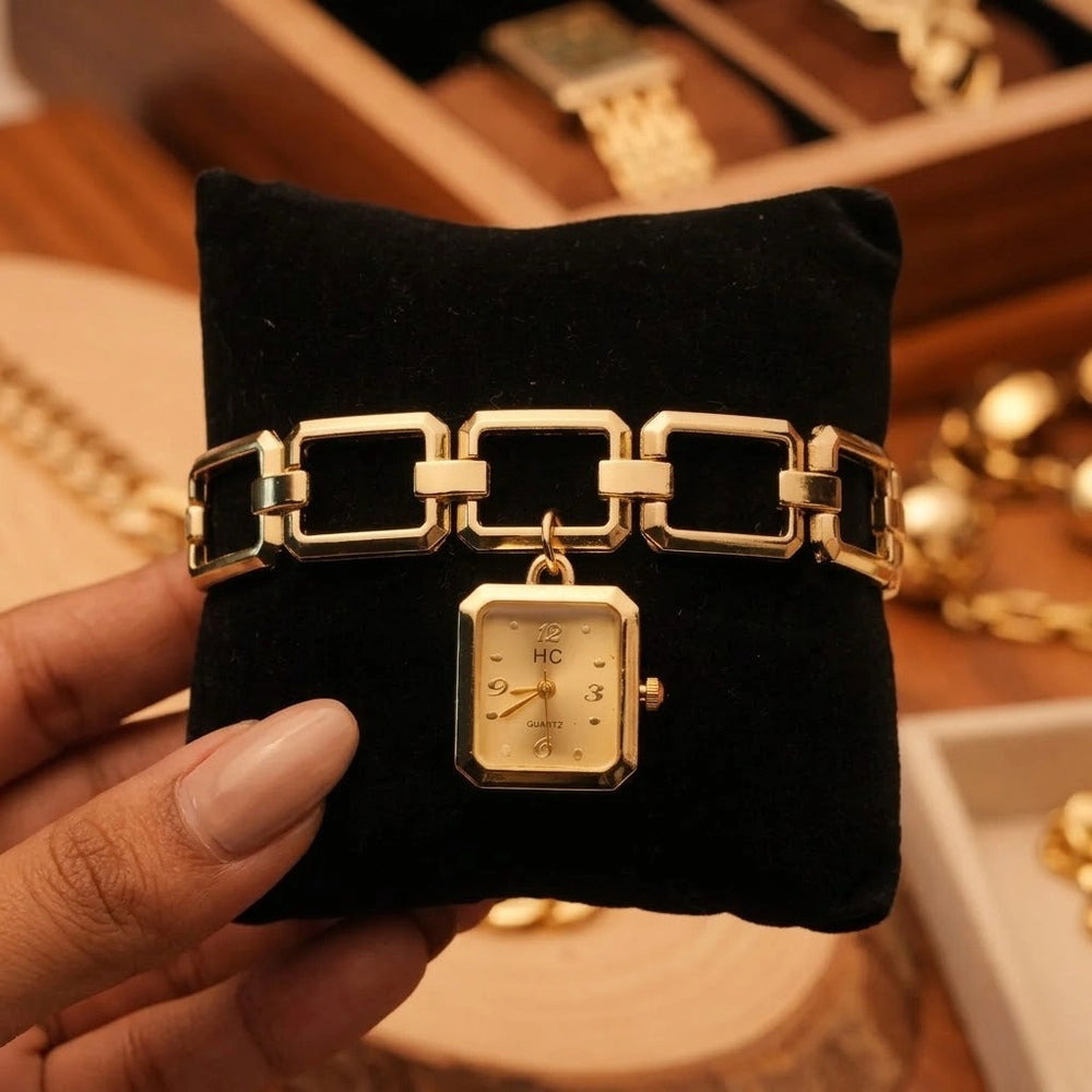 Elegant Rectangular Link Chain Bracelet Watch - Anti-Tarnish Gold Plated