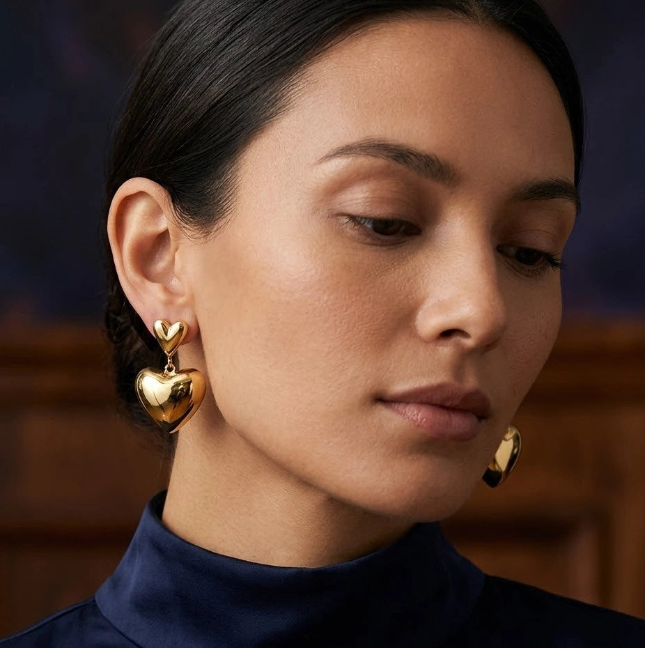 Double Heart Drop Earrings - Anti-Tarnish Gold Plated