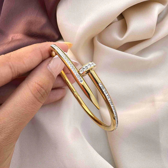 Crystal Embellished Nail Bracelet - Anti-Tarnish Gold-Plated Cuff