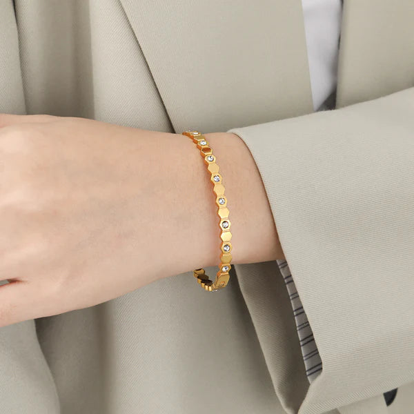 Hexagon Geometric Anti-Tarnish Gold-Plated Bracelet | Minimalist Korean Bangle