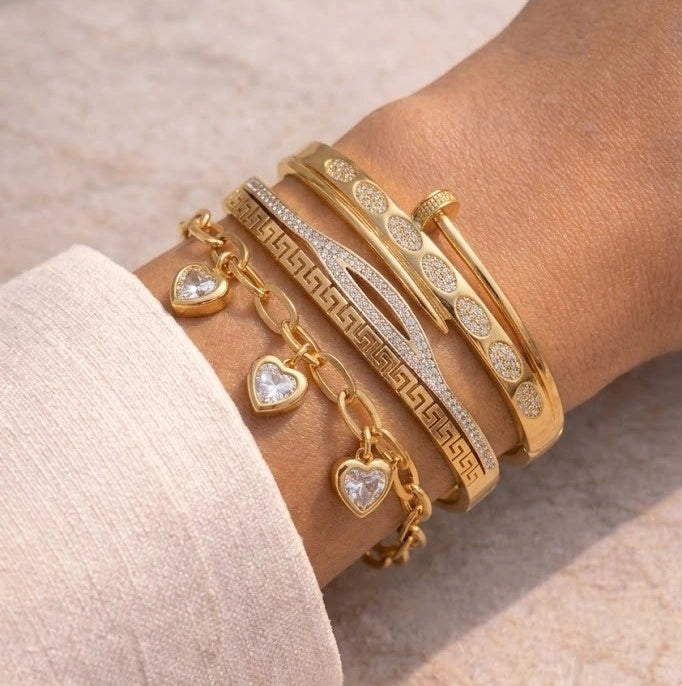 The IT-Girl Gold Plated Bracelet Trio | Heart Charm & Crystal Cuff Stack