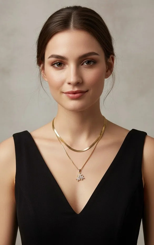 Double Layer Crystal Flower Necklace - Anti-Tarnish Gold Plated Snake Chain with Floral Pendant