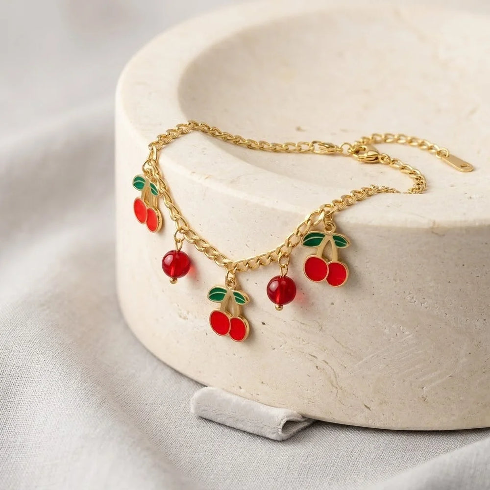 Cherry & Clover Charm Bracelet Combo - Anti-Tarnish Gold Plated K-Style Jewelry