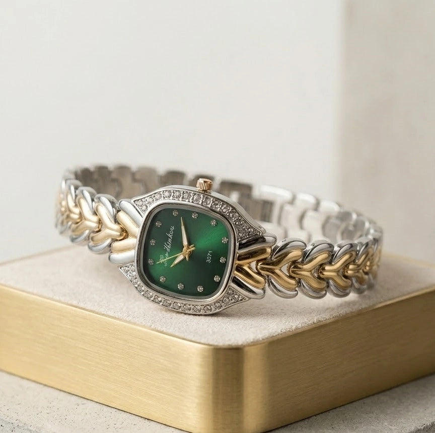 Moncheri Emerald Vintage Dual-Tone Anti-Tarnish Gold Plated Bracelet Watch