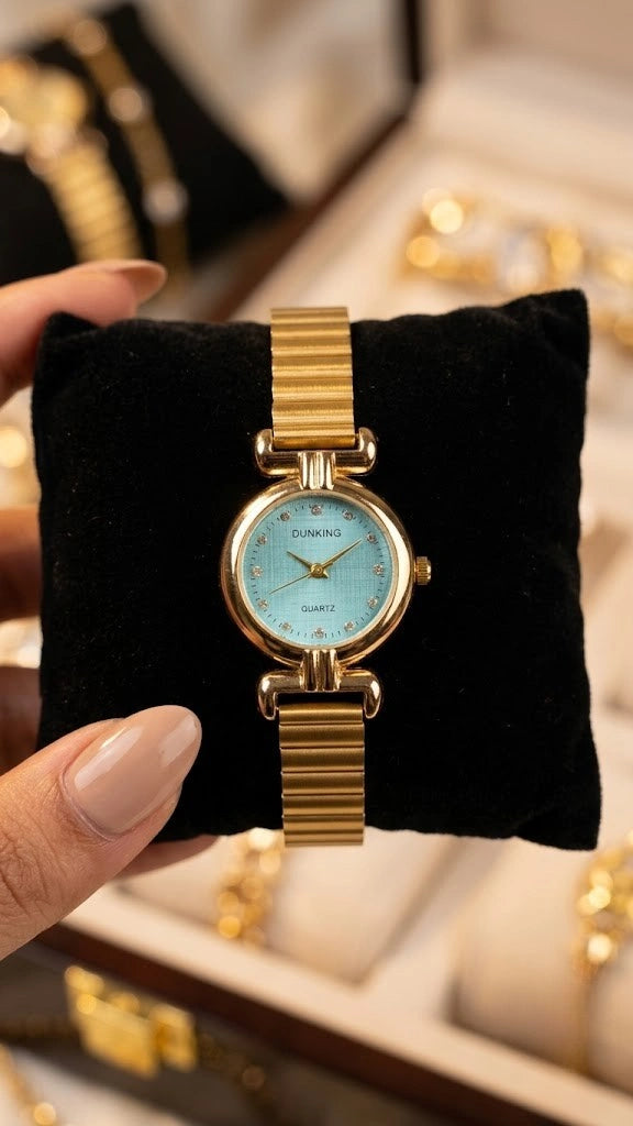 Dunking Anti-Tarnish Gold Plated Watch with Textured Blue Dial