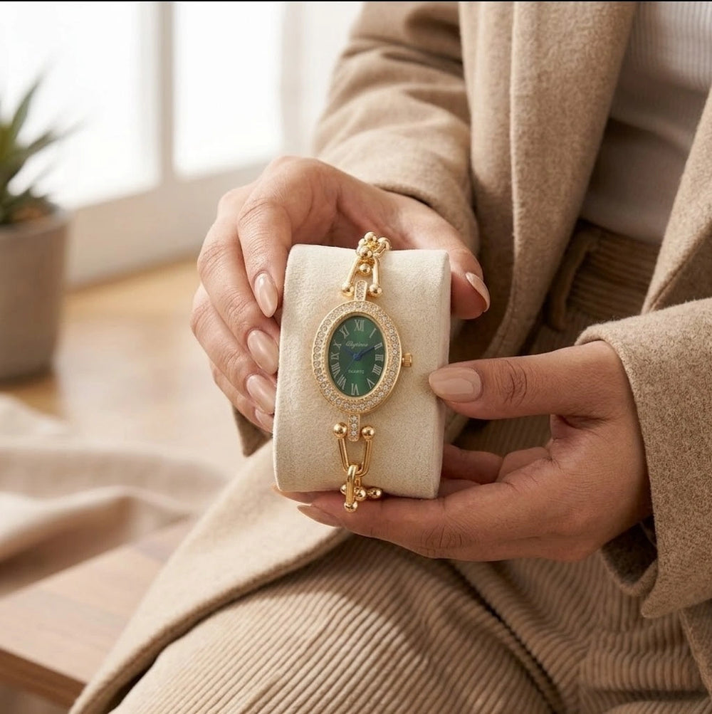 Vintage Emerald Dial Oval Watch - Anti-Tarnish Gold Plated