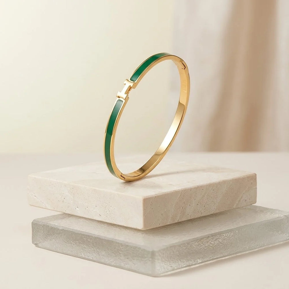 Green Enamel H Bangle | Anti-Tarnish Gold Plated Bracelet | Moncheri Jewels
