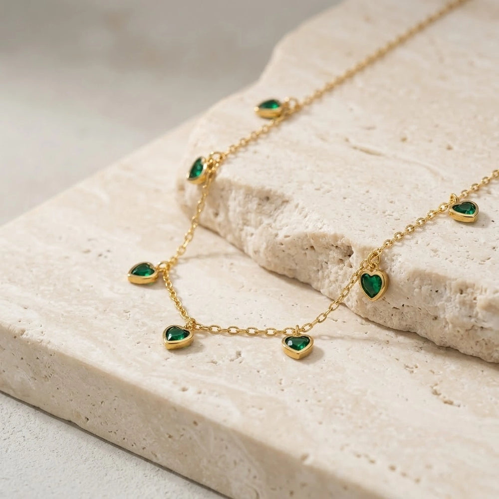 Emerald Green Heart Necklace - Anti-Tarnish Gold Plated